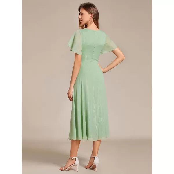 imageEverPretty Womens Summer Glitter Knot Waist V Neck Ruffles Sleeves Pleated Wedding Guest Dress 02131Summer Green