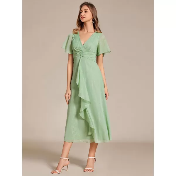 imageEverPretty Womens Summer Glitter Knot Waist V Neck Ruffles Sleeves Pleated Wedding Guest Dress 02131Summer Green