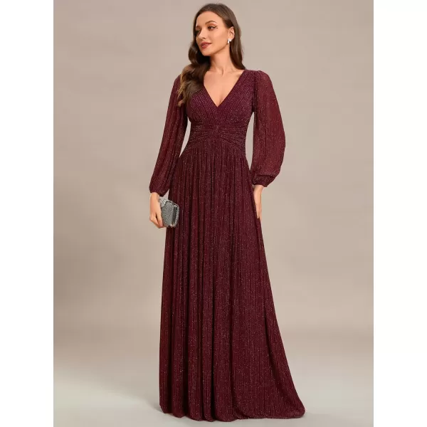 imageEverPretty Womens V Neck Ruched High Waist Long Sleeves Floor Length Glitter Evening Dresses 01961Burgundy