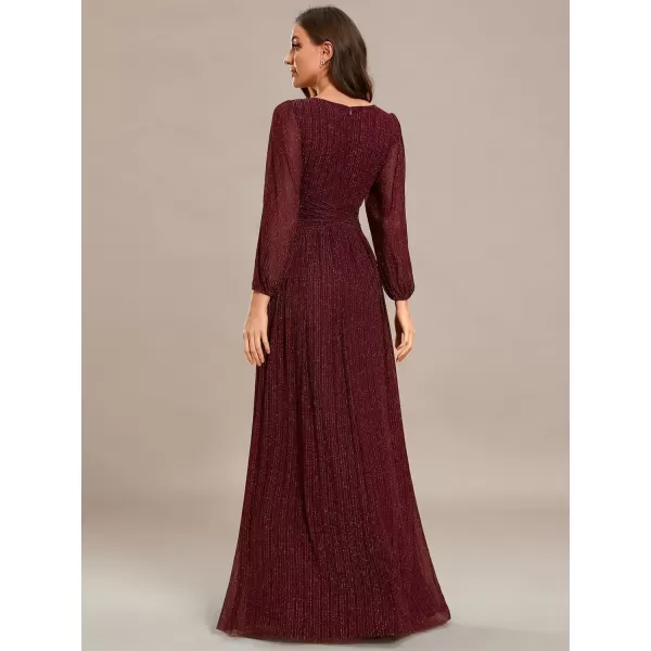 imageEverPretty Womens V Neck Ruched High Waist Long Sleeves Floor Length Glitter Evening Dresses 01961Burgundy