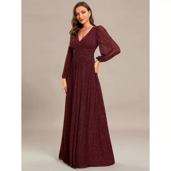 imageEverPretty Womens V Neck Ruched High Waist Long Sleeves Floor Length Glitter Evening Dresses 01961Burgundy