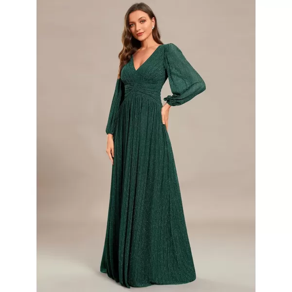 imageEverPretty Womens V Neck Ruched High Waist Long Sleeves Floor Length Glitter Evening Dresses 01961Deep Green