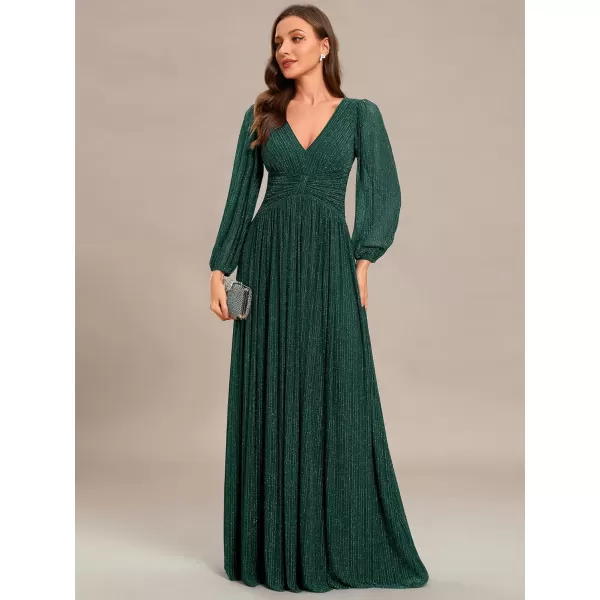 imageEverPretty Womens V Neck Ruched High Waist Long Sleeves Floor Length Glitter Evening Dresses 01961Deep Green