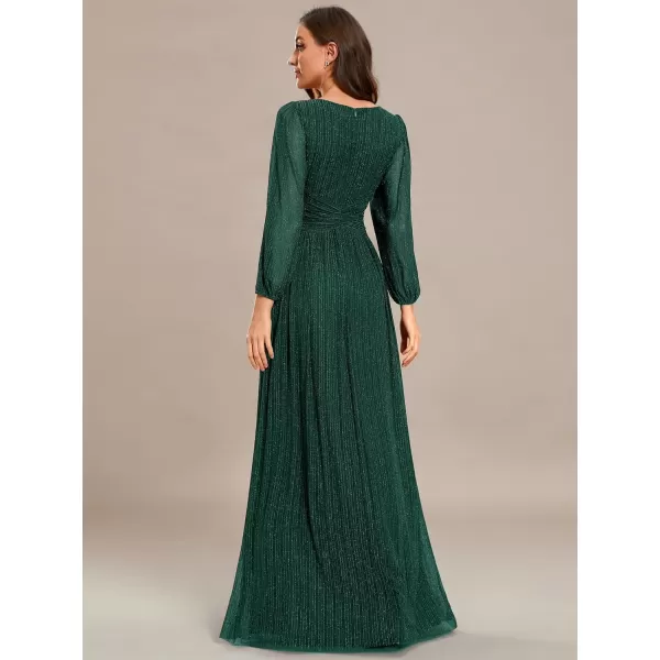 imageEverPretty Womens V Neck Ruched High Waist Long Sleeves Floor Length Glitter Evening Dresses 01961Deep Green