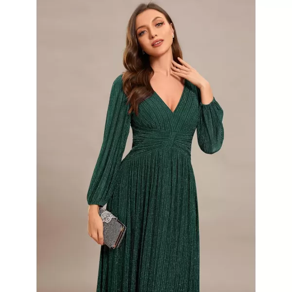 imageEverPretty Womens V Neck Ruched High Waist Long Sleeves Floor Length Glitter Evening Dresses 01961Deep Green