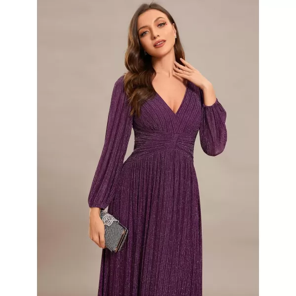 imageEverPretty Womens V Neck Ruched High Waist Long Sleeves Floor Length Glitter Evening Dresses 01961Purple Wisteria