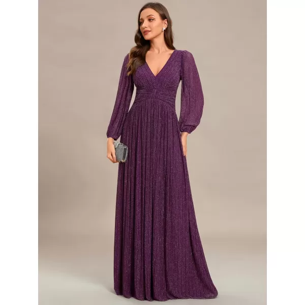 imageEverPretty Womens V Neck Ruched High Waist Long Sleeves Floor Length Glitter Evening Dresses 01961Purple Wisteria