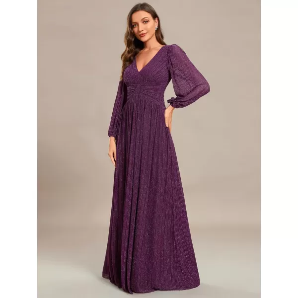 imageEverPretty Womens V Neck Ruched High Waist Long Sleeves Floor Length Glitter Evening Dresses 01961Purple Wisteria