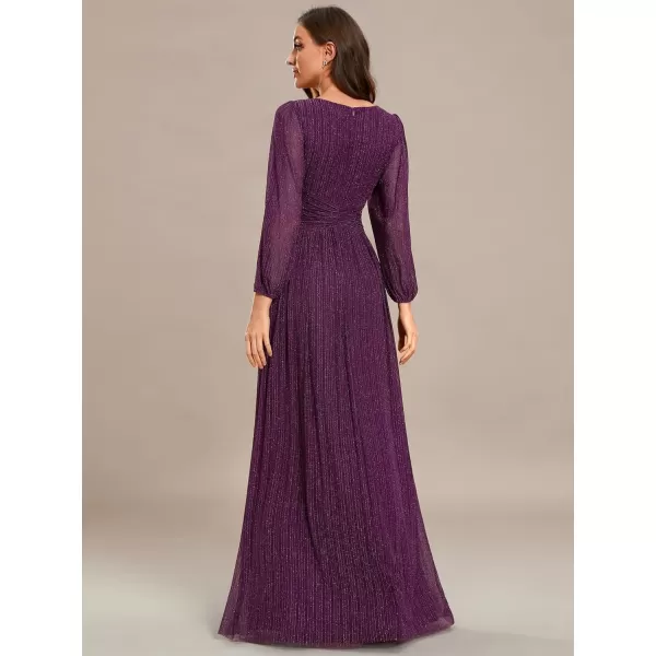 imageEverPretty Womens V Neck Ruched High Waist Long Sleeves Floor Length Glitter Evening Dresses 01961Purple Wisteria