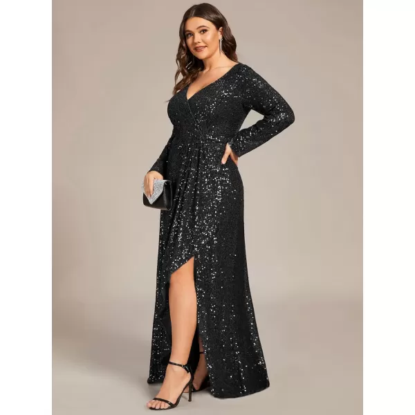 imageEverPretty Womens VNeck ALine Pleated Long Sleeves Floor Length Plus Size Sequin Dress Formal Evening Gowns 50146DABlack