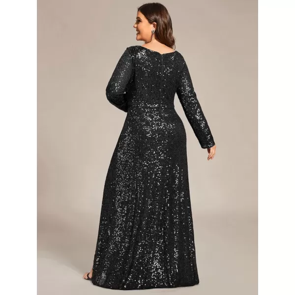 imageEverPretty Womens VNeck ALine Pleated Long Sleeves Floor Length Plus Size Sequin Dress Formal Evening Gowns 50146DABlack