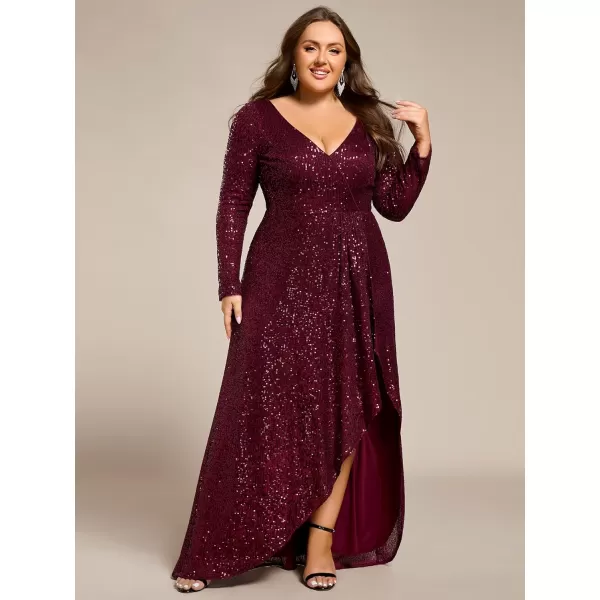 imageEverPretty Womens VNeck ALine Pleated Long Sleeves Floor Length Plus Size Sequin Dress Formal Evening Gowns 50146DABurgundy