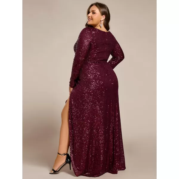 imageEverPretty Womens VNeck ALine Pleated Long Sleeves Floor Length Plus Size Sequin Dress Formal Evening Gowns 50146DABurgundy