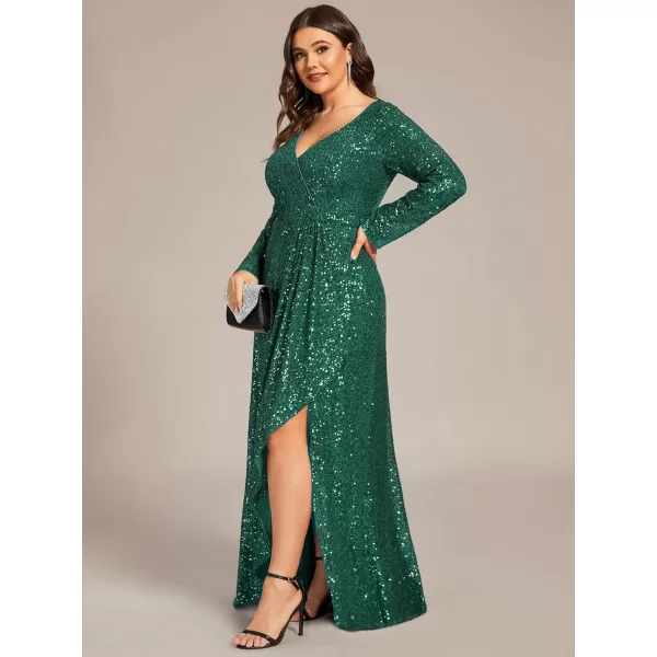 imageEverPretty Womens VNeck ALine Pleated Long Sleeves Floor Length Plus Size Sequin Dress Formal Evening Gowns 50146DADark Green