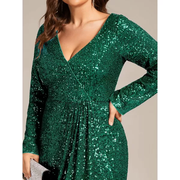 imageEverPretty Womens VNeck ALine Pleated Long Sleeves Floor Length Plus Size Sequin Dress Formal Evening Gowns 50146DADark Green