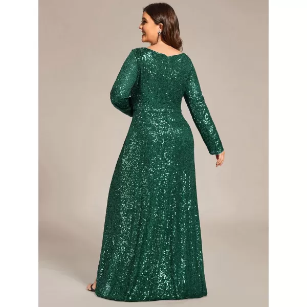 imageEverPretty Womens VNeck ALine Pleated Long Sleeves Floor Length Plus Size Sequin Dress Formal Evening Gowns 50146DADark Green