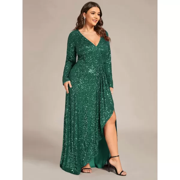 imageEverPretty Womens VNeck ALine Pleated Long Sleeves Floor Length Plus Size Sequin Dress Formal Evening Gowns 50146DADark Green