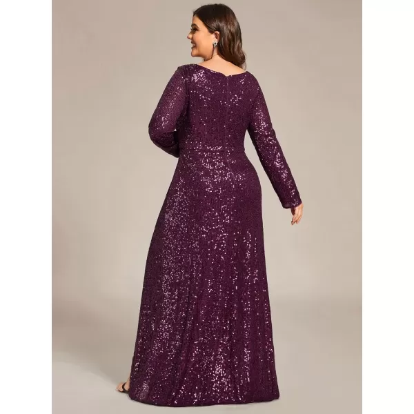 imageEverPretty Womens VNeck ALine Pleated Long Sleeves Floor Length Plus Size Sequin Dress Formal Evening Gowns 50146DADeep Purple