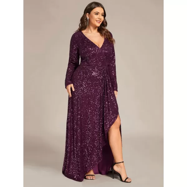 imageEverPretty Womens VNeck ALine Pleated Long Sleeves Floor Length Plus Size Sequin Dress Formal Evening Gowns 50146DADeep Purple