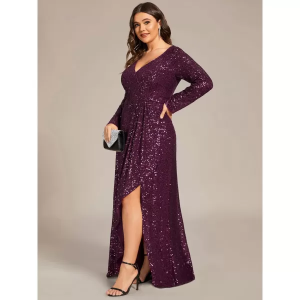 imageEverPretty Womens VNeck ALine Pleated Long Sleeves Floor Length Plus Size Sequin Dress Formal Evening Gowns 50146DADeep Purple