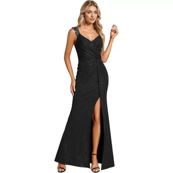 imageEverPretty Glitter Evening Dresses Womens V Neck High Slit Sequin Shoulder Strap Maxi Formal Dress 01888Black