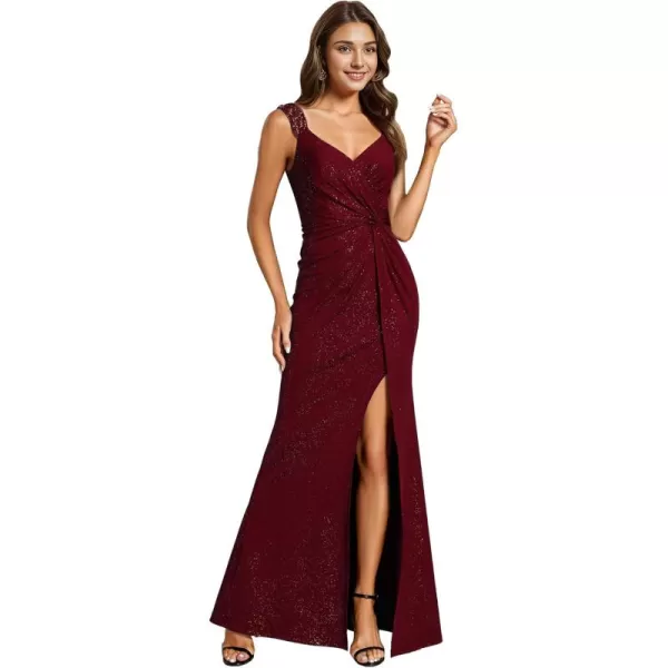 imageEverPretty Glitter Evening Dresses Womens V Neck High Slit Sequin Shoulder Strap Maxi Formal Dress 01888Burgundy