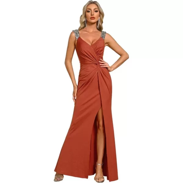 imageEverPretty Glitter Evening Dresses Womens V Neck High Slit Sequin Shoulder Strap Maxi Formal Dress 01888Burnt Orange