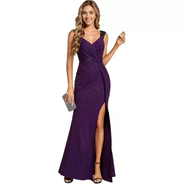 imageEverPretty Glitter Evening Dresses Womens V Neck High Slit Sequin Shoulder Strap Maxi Formal Dress 01888Deep Purple