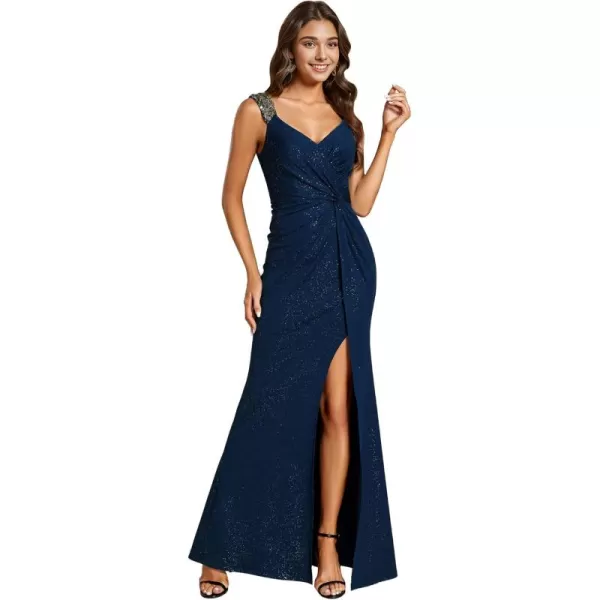 imageEverPretty Glitter Evening Dresses Womens V Neck High Slit Sequin Shoulder Strap Maxi Formal Dress 01888Navy Blue