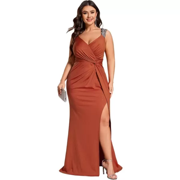 imageEverPretty VNeck High Slit Glitter Bodycon Plus Size Ball Gowns Formal Evening Dresses for Curvy Women 01888DABurnt Orange