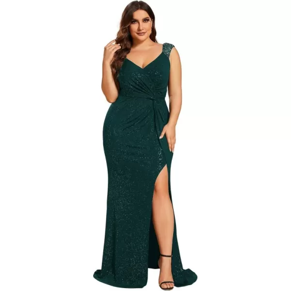 imageEverPretty VNeck High Slit Glitter Bodycon Plus Size Ball Gowns Formal Evening Dresses for Curvy Women 01888DADark Green