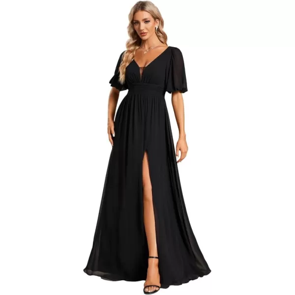 imageEverPretty Womens Double VNeck Puffy Sleeves Side Slit Chiffon ALine Floor Length Evening Dresses 01385Black