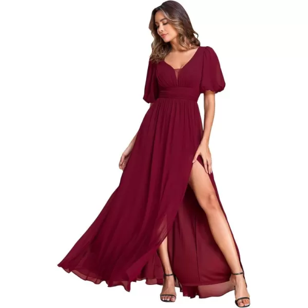 imageEverPretty Womens Double VNeck Puffy Sleeves Side Slit Chiffon ALine Floor Length Evening Dresses 01385Burgundy