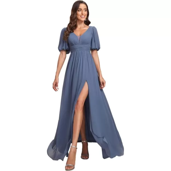 imageEverPretty Womens Double VNeck Puffy Sleeves Side Slit Chiffon ALine Floor Length Evening Dresses 01385Dusty Navy