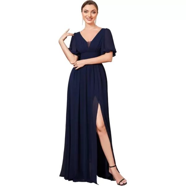 imageEverPretty Womens Double VNeck Puffy Sleeves Side Slit Chiffon ALine Floor Length Evening Dresses 01385Navy Blue