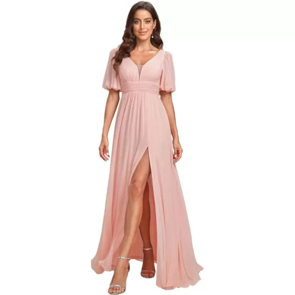 imageEverPretty Womens Double VNeck Puffy Sleeves Side Slit Chiffon ALine Floor Length Evening Dresses 01385Pink