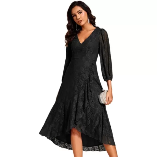 imageEverPretty Womens Elegant V Neck Lace Long Sleeves A Line Ruffles Hem Midi Length Wedding Guest Dress 02238Black