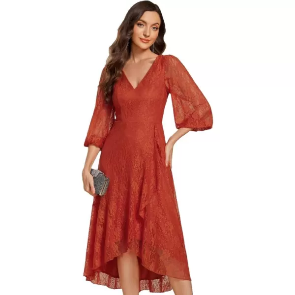 imageEverPretty Womens Elegant V Neck Lace Long Sleeves A Line Ruffles Hem Midi Length Wedding Guest Dress 02238Burnt Orange