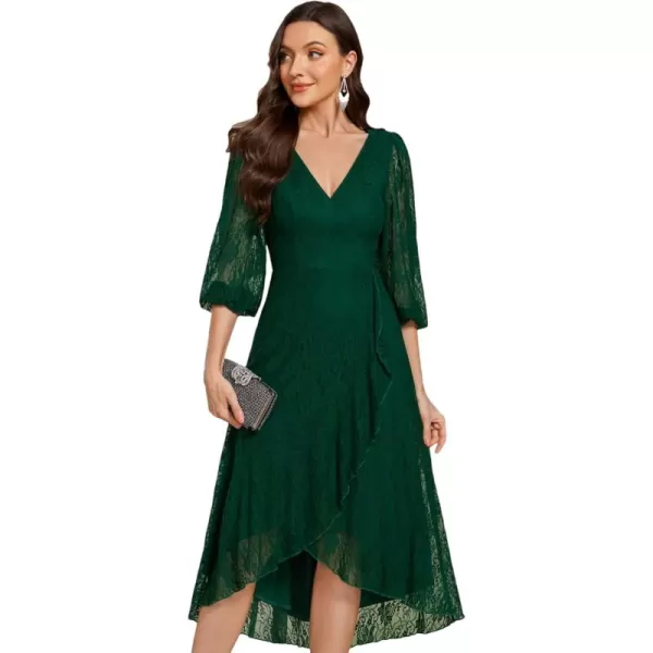 imageEverPretty Womens Elegant V Neck Lace Long Sleeves A Line Ruffles Hem Midi Length Wedding Guest Dress 02238Dark Green