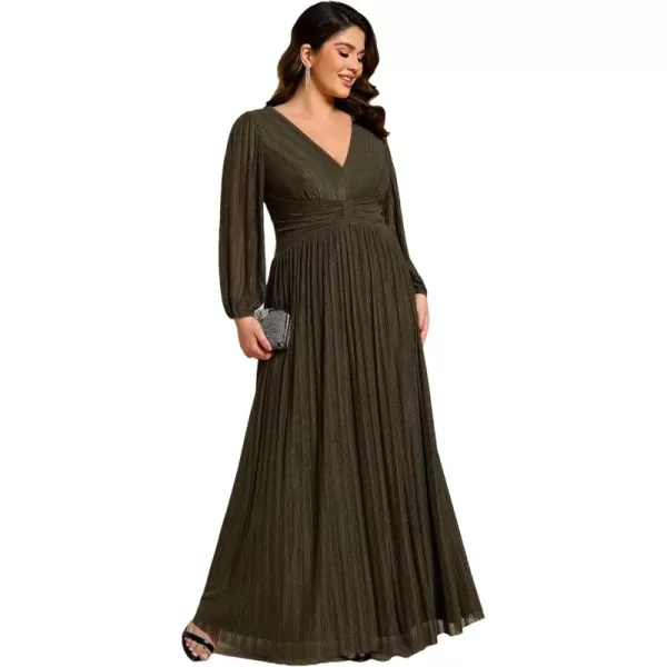 imageEverPretty Womens Glitter Long Sleeves V Neck Pleated Floor Length Plus Size Evening Formal Dresses 01961DAOlive Green