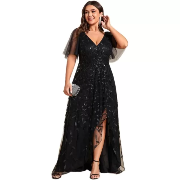 imageEverPretty Womens Plus Size Gorgeous A Line Sequin Embroidered Fornal Evening Dress with Sleeves 02083DABlack