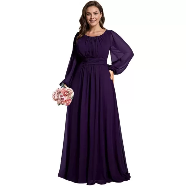 imageEverPretty Womens Round Neck Long Lantern Sleeves Chiffon Pleated Long Evening Gown Plus Size Formal Dress 0106BDADark Purple