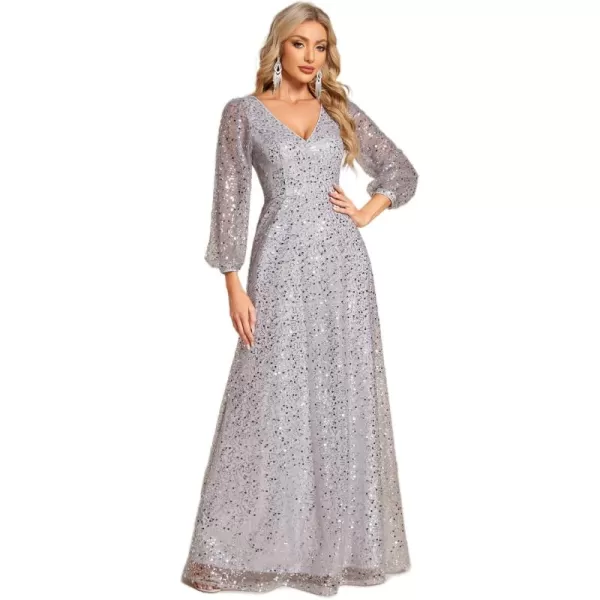 imageEverPretty Womens Sequin ALine V Neck Beaded Gown Long Sheer Sleeves Cocktail Evening Gown 01999Silver