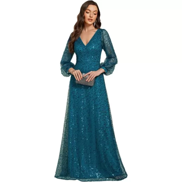 imageEverPretty Womens Sequin ALine V Neck Beaded Gown Long Sheer Sleeves Cocktail Evening Gown 01999Teal