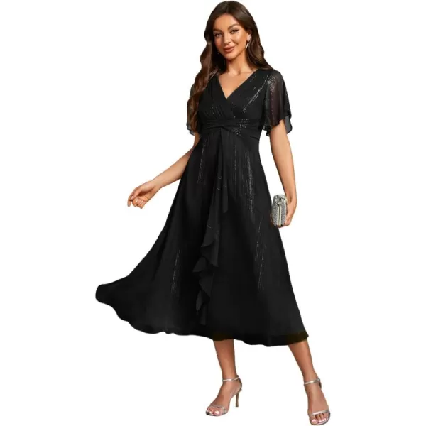 imageEverPretty Womens Summer Glitter Knot Waist V Neck Ruffles Sleeves Pleated Wedding Guest Dress 02131Black