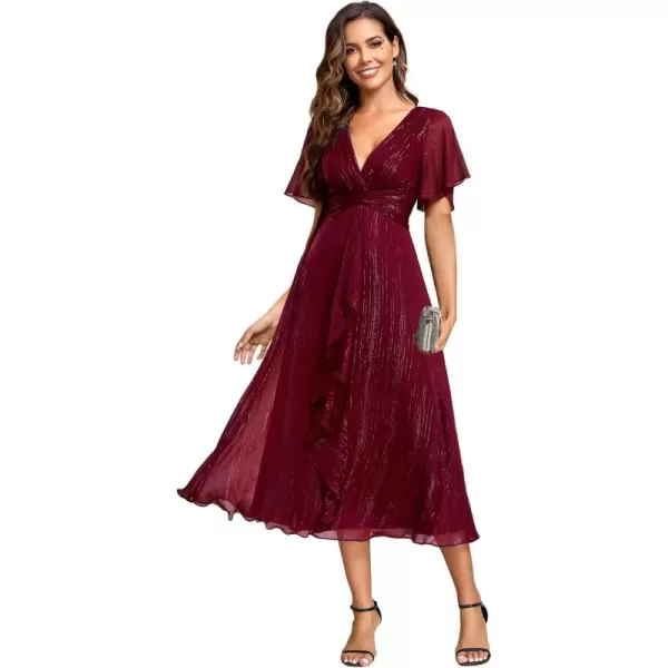 imageEverPretty Womens Summer Glitter Knot Waist V Neck Ruffles Sleeves Pleated Wedding Guest Dress 02131Burgundy