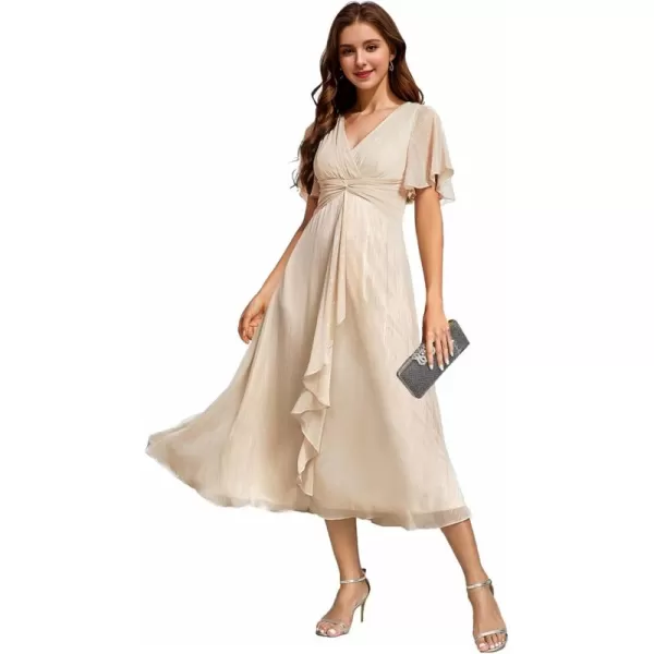 imageEverPretty Womens Summer Glitter Knot Waist V Neck Ruffles Sleeves Pleated Wedding Guest Dress 02131Champagne