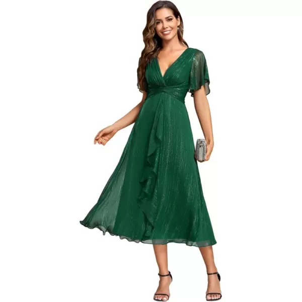 imageEverPretty Womens Summer Glitter Knot Waist V Neck Ruffles Sleeves Pleated Wedding Guest Dress 02131Dark Green