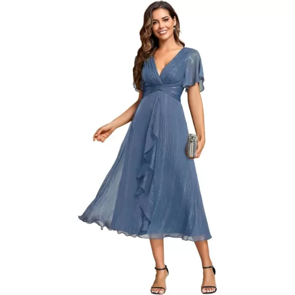 imageEverPretty Womens Summer Glitter Knot Waist V Neck Ruffles Sleeves Pleated Wedding Guest Dress 02131Dusty Navy