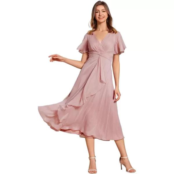 imageEverPretty Womens Summer Glitter Knot Waist V Neck Ruffles Sleeves Pleated Wedding Guest Dress 02131Dusty Rose